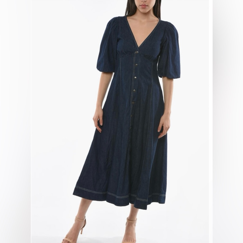 Kate Spade Denim V-Neck Midi Dress with Puff Sleeve
